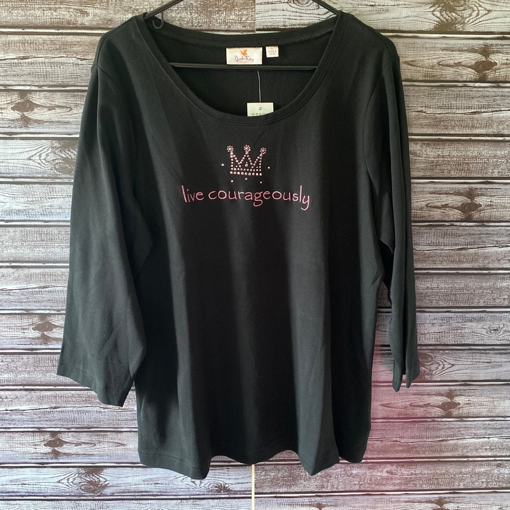 Quacker Factory Women's Long-Sleeved Top Sz L‎ Black Live Courageously Crown NWT